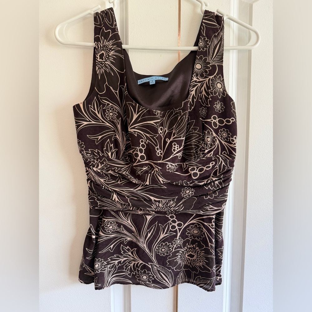 ANTONIO MELANI Brown Floral Sleeveless Top Silk